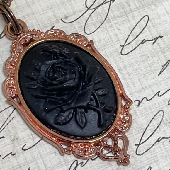 Gothic Steampunk Halloween Rose Gold Necklace Black Rose Cameo Witch Jewelry New - Picture 10 of 16